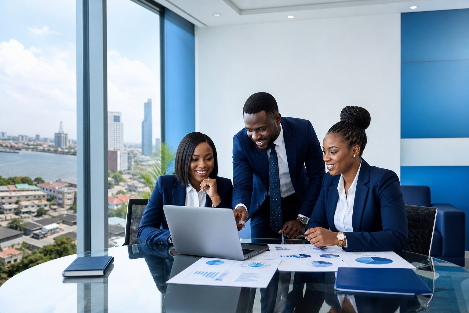 CloudERP professionals reviewing financial reports together in a modern Lagos office